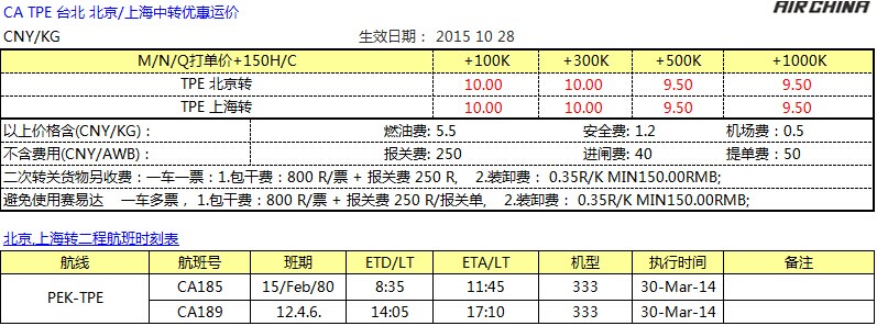 CA國航臺(tái)北空運(yùn)專線，臺(tái)北空運(yùn)價(jià)格查詢，深圳大智通